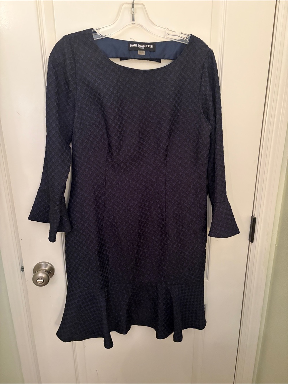 Karl Lagerfeld Textured Navy Bell-Sleeve Flounce Dress